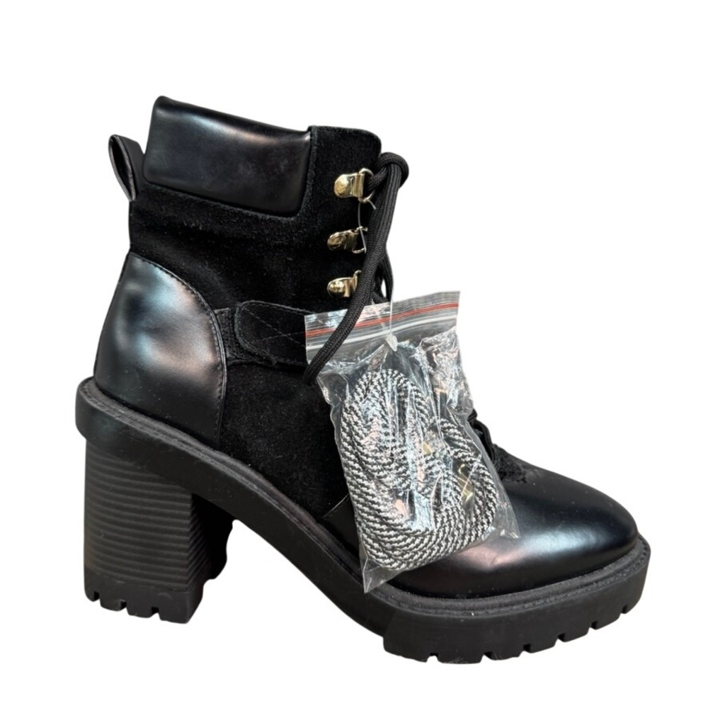 NWOB Kensie Black Faux Leather and Suede Chunky Heel Lug Sole Combat Boots 8